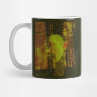 Portrait, digital collage and special processing. Masterpiece. Man looking to car window, reflection. Autumn. Dim, yellow, orange. Mug